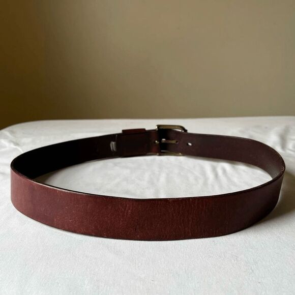 Vintage 90sโ Brown Leather Belt with Heavy Brass Roller Buckle Worn In Casual 34 - Picture 4 of 9